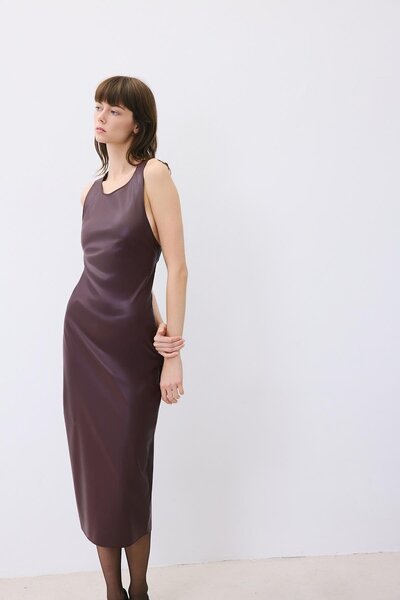 rue Sırt Dekolteli Mürdüm Midi Deri Elbise