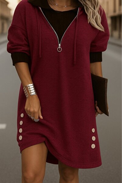 SERERO VOGUE Kadın Uzun Kollu Kapşonlu önden Fermuarlı Düğmeli Mini Iki Iplik...