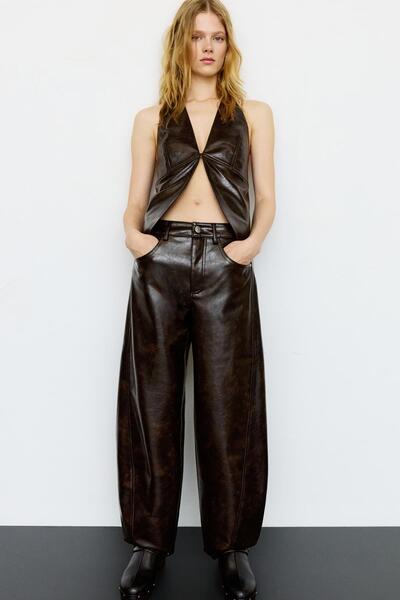 Pull & Bear Kahverengi suni deri barrel pantolon