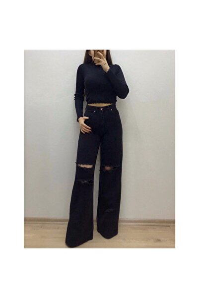 kleshus Women's Black Ripped Model Loose Trousers 544657641