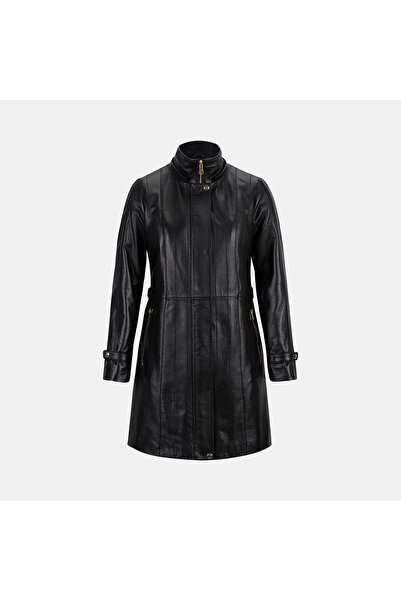 Desa Women's Black Hakim Collar Hooded Leather Coat