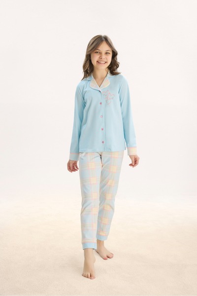 ZEYZEY 8753 KIZ Ç. BASKILI DÜĞMELİ PİJAMA TAKIM