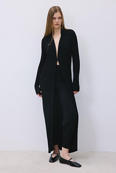 rue Jakar Dokulu Siyah Triko Uzun Hırka