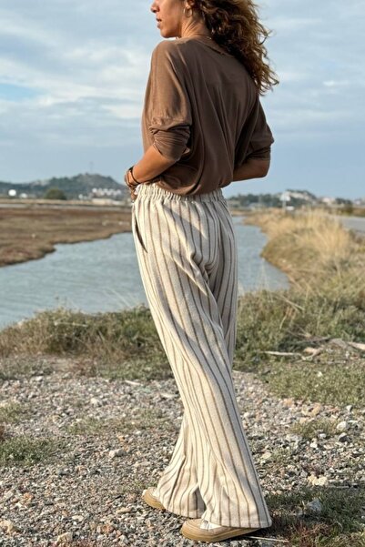 Güneşkızı Beige Striped Pocketed Soft Textured Wide Leg Casual Woven Trousers 35 100