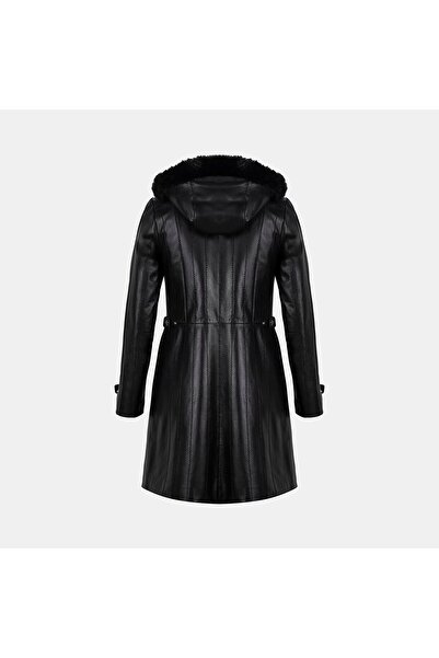 Desa Women's Black Hakim Collar Hooded Leather Coat