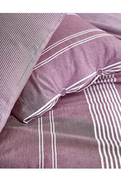 çeyizline Double Natural Striped Duvet Cover Set Plum Organic (4 Pillowcases)