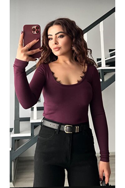 Oslove Plum Round Lace Collar Blouse