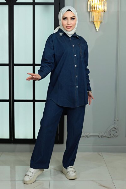 Modamihram Denim Suit with Stone Collar Dark Blue Msw19183-2