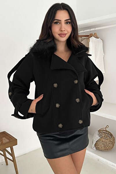 VAGGON Women's Black Buttoned Sleeve Detailed Fur Collar Cashmere Coat Vs01573