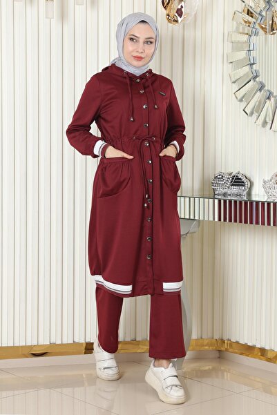 Modamihram Hooded Ribbed Suit Burgundy Msw19196-2
