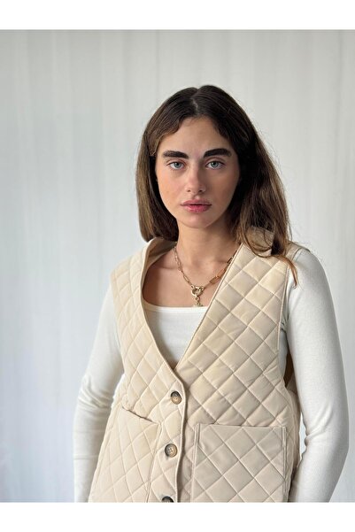 Retrobird Design Front Buttoned Quilted Vest Women's Cream
