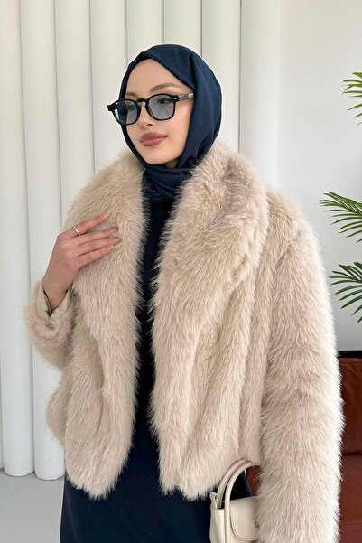 Modaensarbutik İçi Astarlı Premium Kısa Kürk Ceket-BEJ