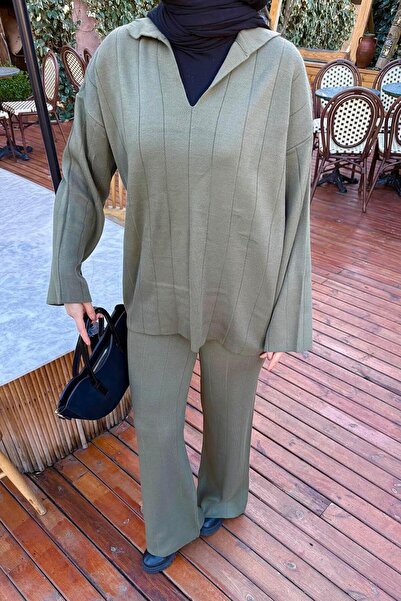 lamelif Collar Detail Double Hijab Set Khaki