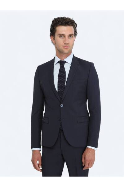 Kip Navy Plain Slim Fit Wool Blended Suit