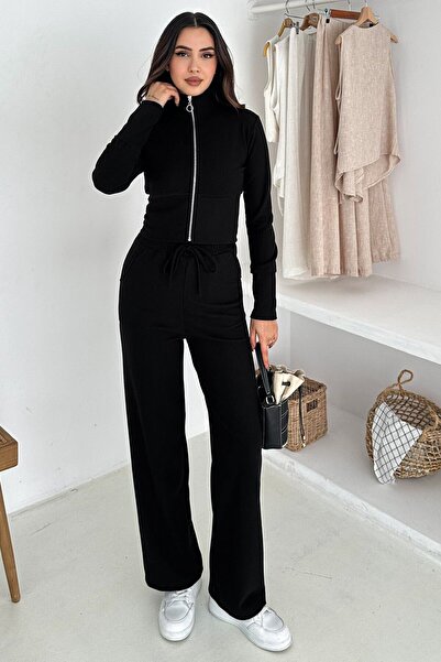 VAGGON Women's Black Zipper Closure Crop Sweat and Wide Leg Sweatpants Set Vs01567