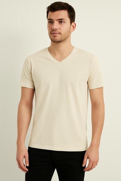 RAPAPA Ανδρικό μπλουζάκι με λαιμόκοψη σε κρεμ χρώμα 2398