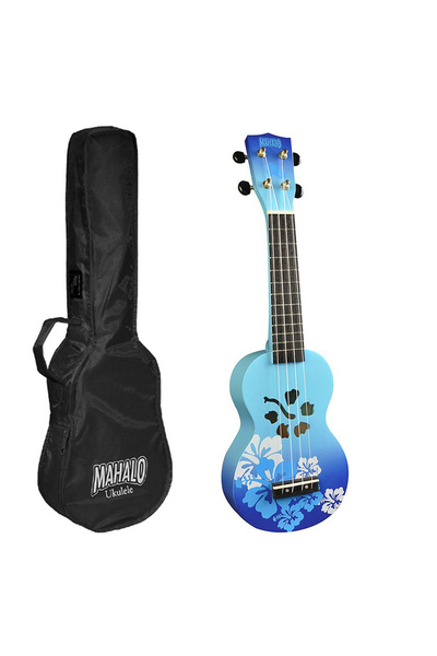 Mahalo MD1HBBUB – Set ukulele sopran Designer Hibiscus albastru burst (cu husă)