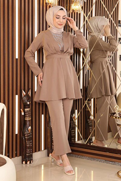 Modamihram Stone Detailed Belted Suit Mink Msw19122-4