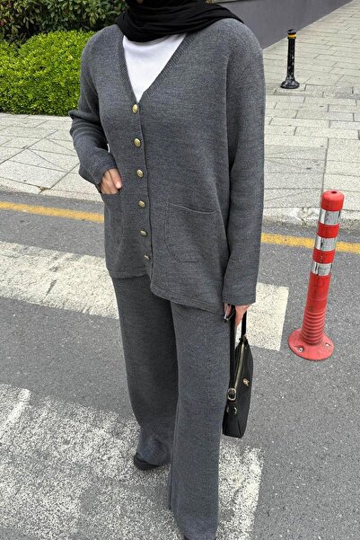 lamelif Cardigan Suit with Pockets Gray