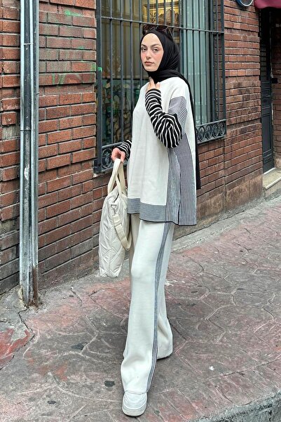 lamelif Side Striped Poncho Hijab Set Cream