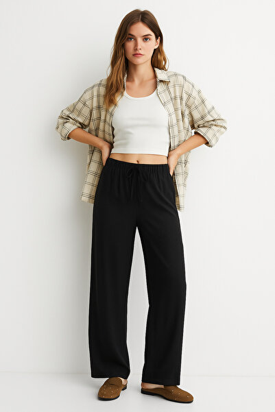 Rich Women's Black High Waist Elastic Wide Leg Trousers-13 Mattschwarz 230