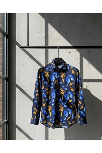 YusGos Men's Regular Fit Regular Collar Long Sleeve Easy Iron Leaf Pattern Premium Cotton Shirt