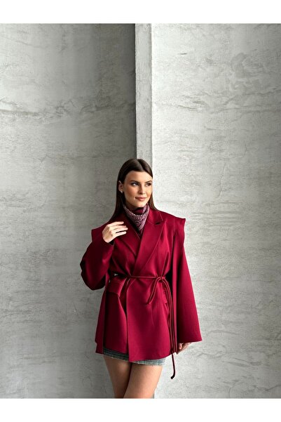 solena sln Women's Pinterest Model Design Belted Oversized Blazer Jacket