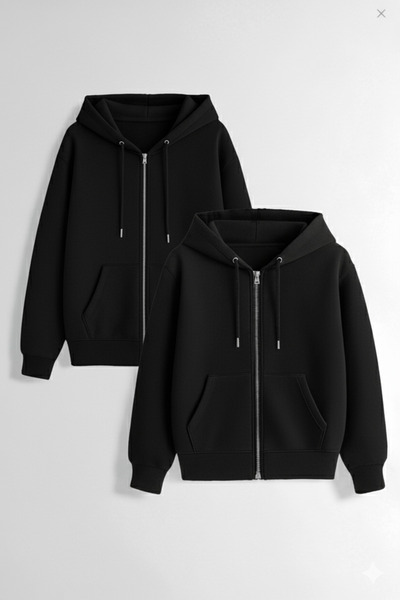 KVİNS 2'Li سترة بغطاء رأس الأساسية ذات السحاب للجنسين - قطن بقصة مريحة 2 خيط