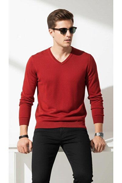 Clothbe سترة تريكو رجالية حمراء بياقة على شكل V – سترة شتوية أنيقة للاستخدام ...