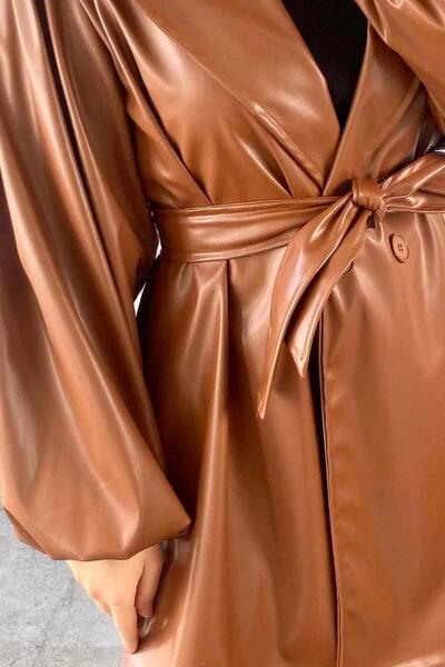 lamelif διπλό πέτο Δερμάτινο παλτό με γιακά σε καφέ σοκολάτα