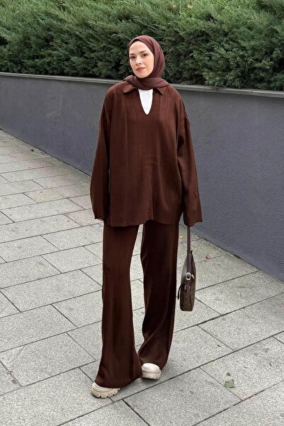 lamelif Collar Detail Double Hijab Set Bitter Brown