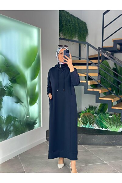 BÜRDE Lacivert Renk Kapüşonlu Rahat Elbise
