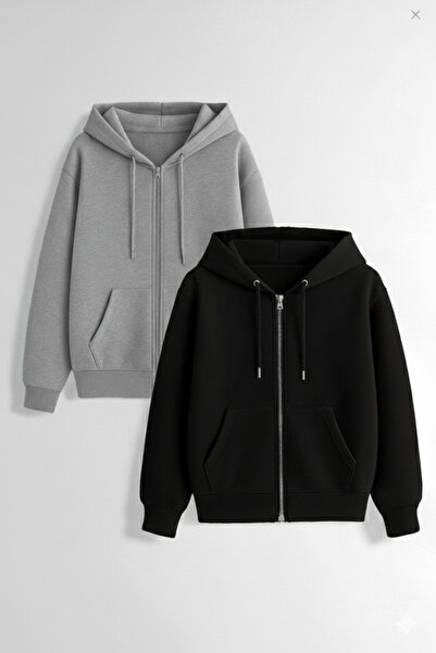 KVİNS 2'Li Unisex Fermuarlı Kapüşonlu Basic Sweatshirt Hırka - Pamuklu Rahat ...