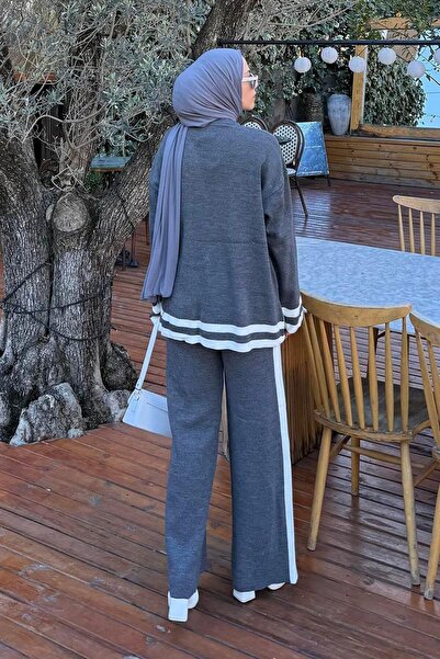 lamelif Striped Trousers Knitwear Hijab Set Anthracite