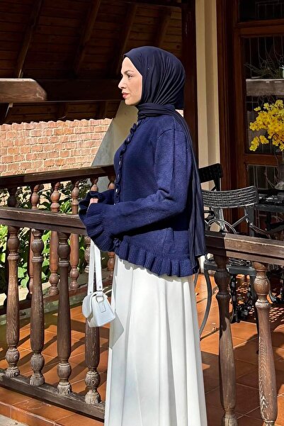 lamelif Ruffle Detailed Cardigan Navy Blue