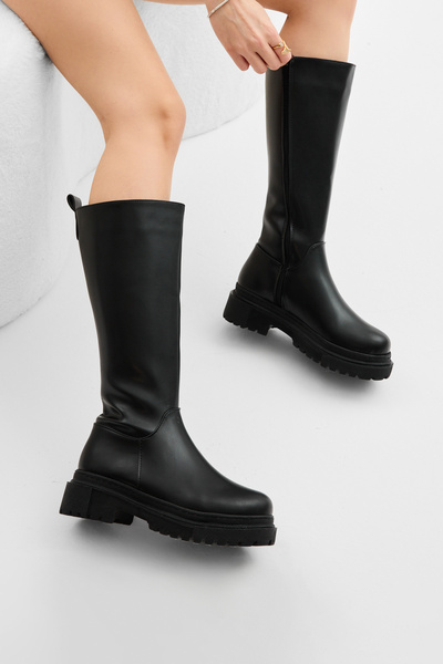 Tonny Black Women's Black Thick Poly Sole Plain Pattern Zippered Below-Knee Boots