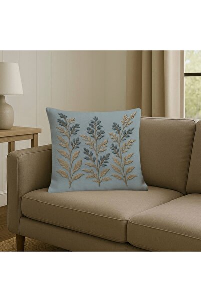 MİNOZA Digital Printed Embroidery Patterned Blue Leaf Motif Throw Pillow Cove...