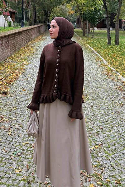 lamelif Ruffle Detailed Cardigan Bitter Brown