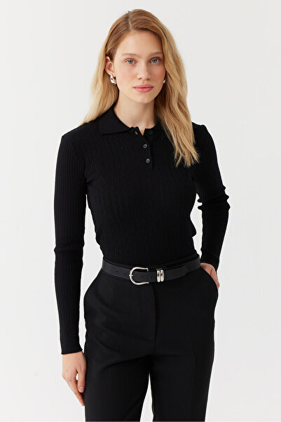 PAULMARK Women's Hair Knitting Patterned Polo Neck Sweater