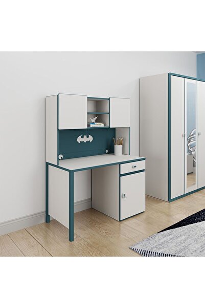 danube مكتب دراسة وخزانة نايت كيدز مع منفذ USB - أبيض، أزرق مخضر، وأزرق - درج واحد، باب واحد، 120×60 سم