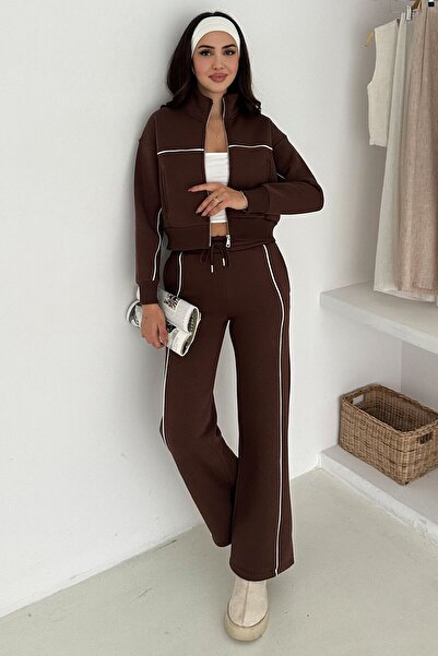 VAGGON Women's Brown Contrast Stitching Piece Zippered Crop Sweat and Wide Leg Sweatpants Set Vs01571