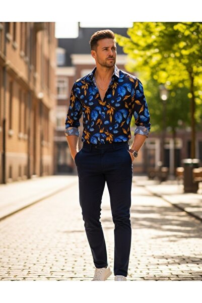 YusGos Men's Regular Fit Regular Collar Long Sleeve Easy Iron Leaf Pattern Premium Cotton Shirt