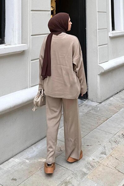 lamelif Plain Double Knitwear Hijab Set in Mink Color