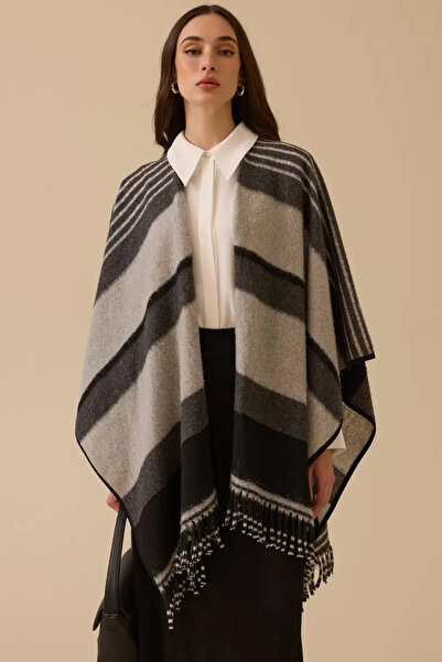SEÇİL Women's Striped Poncho - Gray