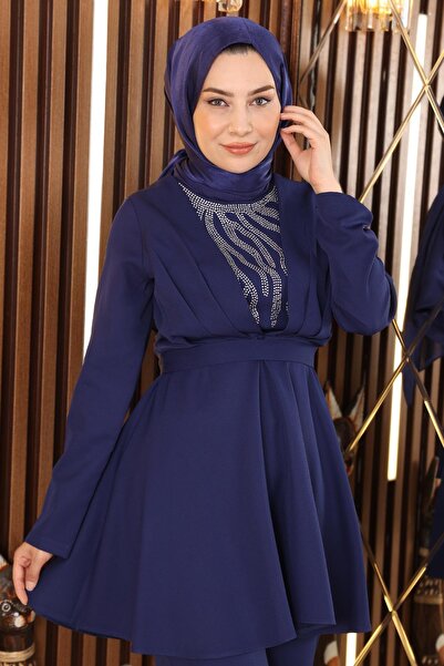 Modamihram Stone Detailed Belted Suit Indigo Msw19122-1