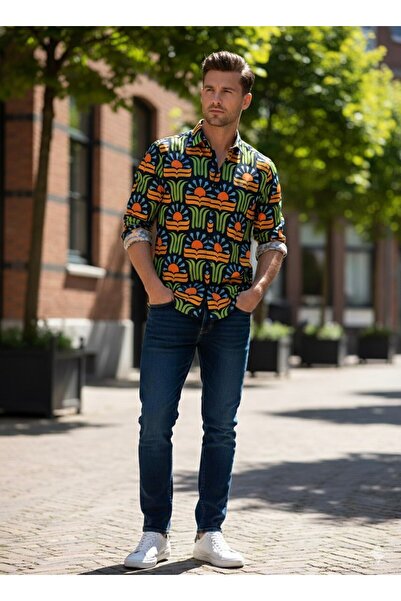 YusGos Men's Regular Fit Regular Collar Long Sleeve Easy Iron Patterned Premium Cotton Shirt