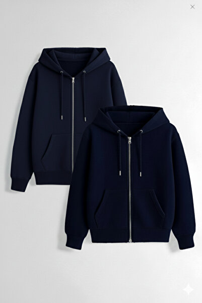 KVİNS 2'Li Unisex Fermuarlı Kapüşonlu Basic Sweatshirt Hırka - Pamuklu Rahat ...