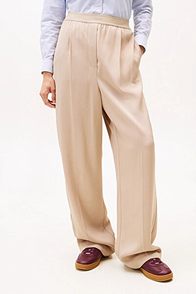 Tommy Hilfiger Kadın Twill Oversized Fit Wide Leg Kumaş Pantolon - Bej
