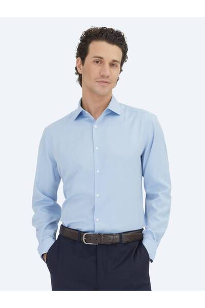 Kip Cămașă clasică din amestec de bumbac, albastră, simplă, cu croiala normală