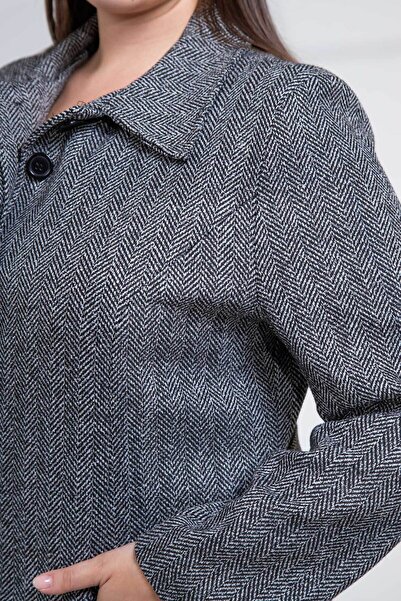 Roxxlen Plus Size Herringbone Coat Black